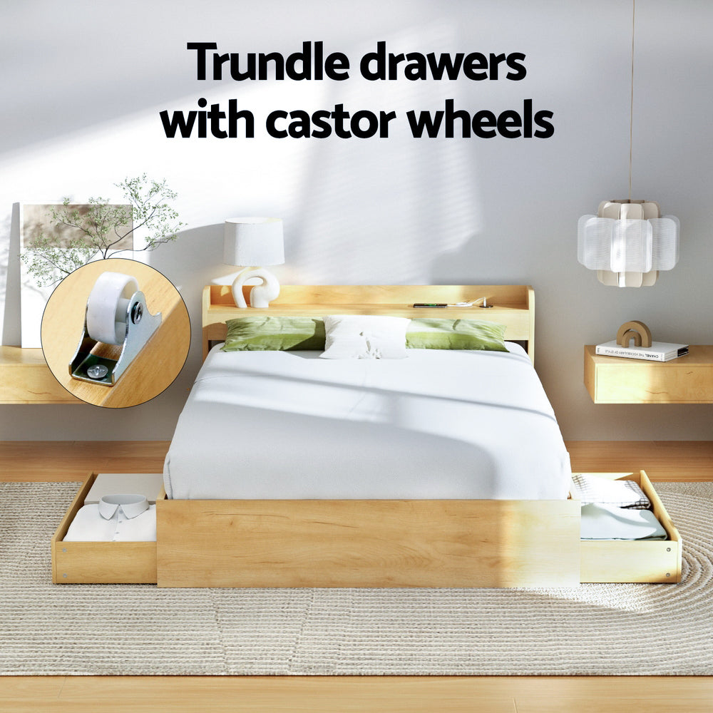 Artiss AURA Pine Queen Bed Frame with Charging Ports and Drawers