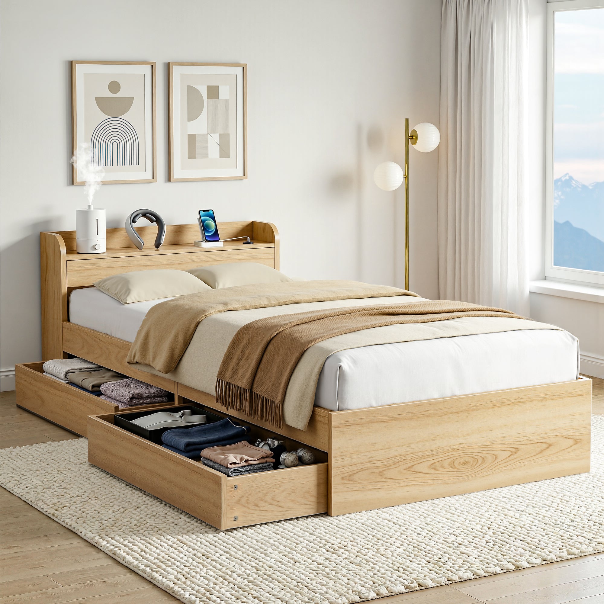 Artiss Single Bed Frame with 2 Storage Drawers Platform Bed Base with USB Ports Sturdy Wooden Slat Support WBED-F-AURA-S-WD-AB