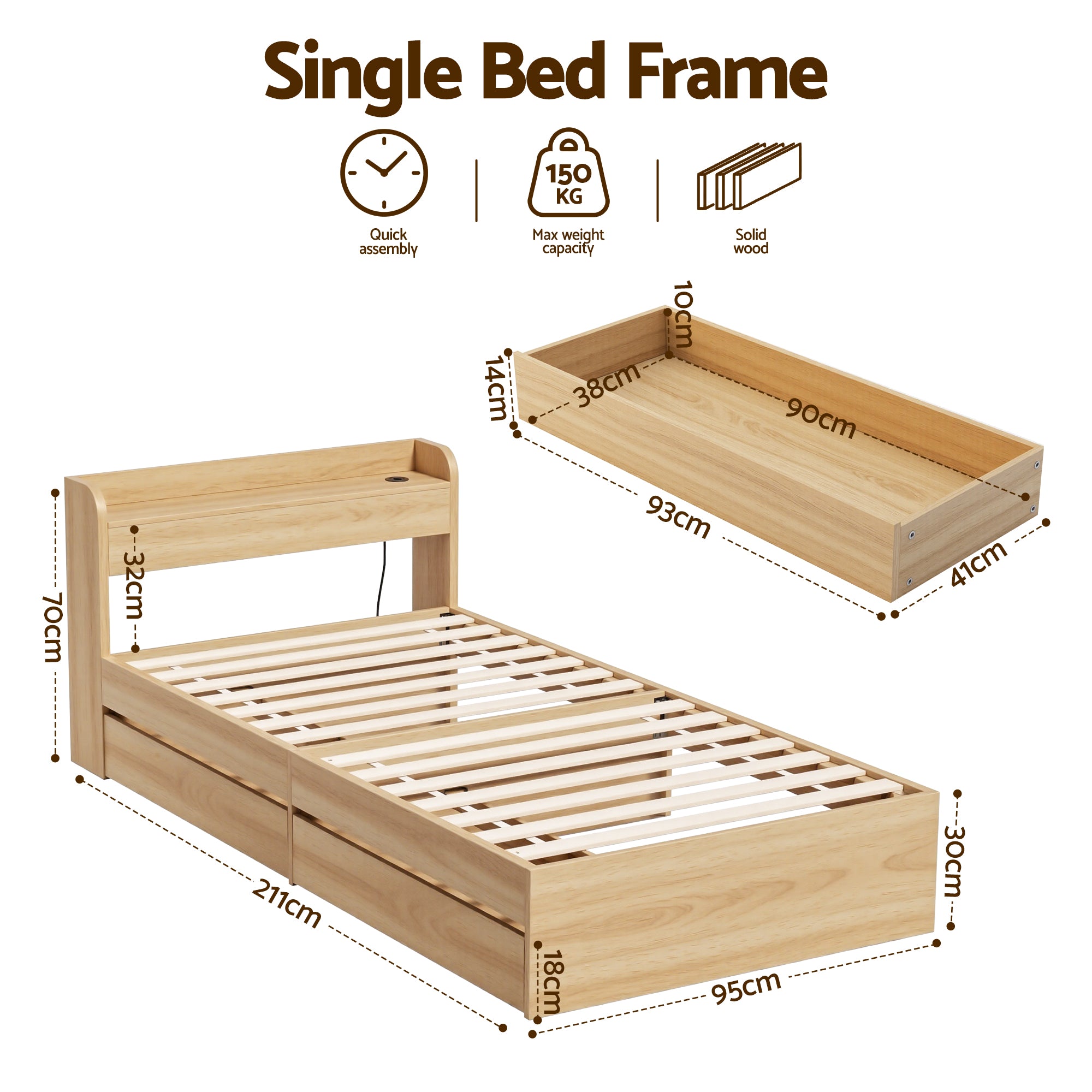 Artiss Single Bed Frame with 2 Storage Drawers Platform Bed Base with USB Ports Sturdy Wooden Slat Support WBED-F-AURA-S-WD-AB