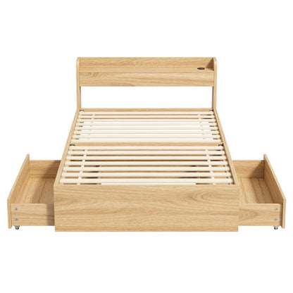 Artiss Single Bed Frame with 2 Storage Drawers Platform Bed Base with USB Ports Sturdy Wooden Slat Support WBED-F-AURA-S-WD-AB