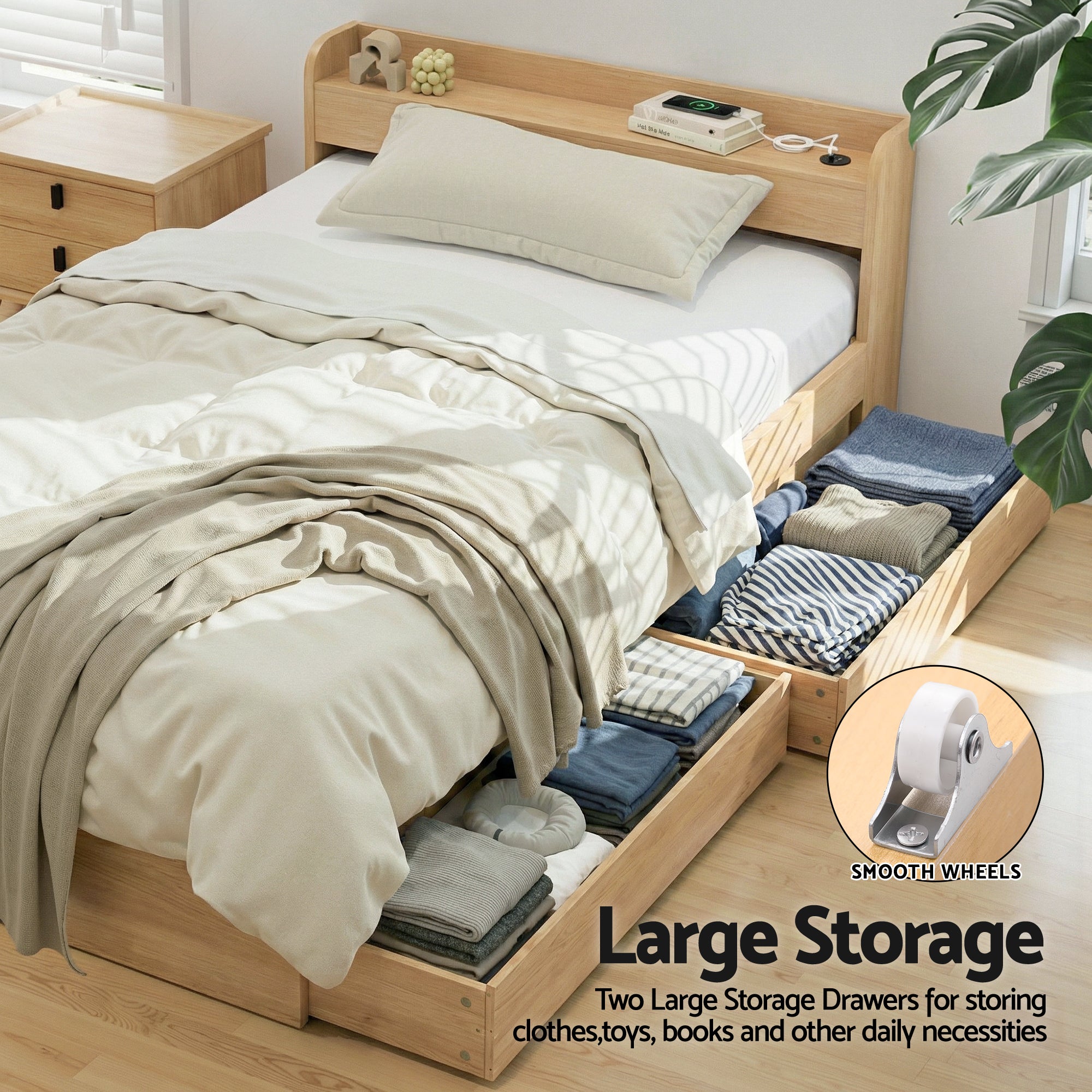 Artiss Single Bed Frame with 2 Storage Drawers Platform Bed Base with USB Ports Sturdy Wooden Slat Support WBED-F-AURA-S-WD-AB