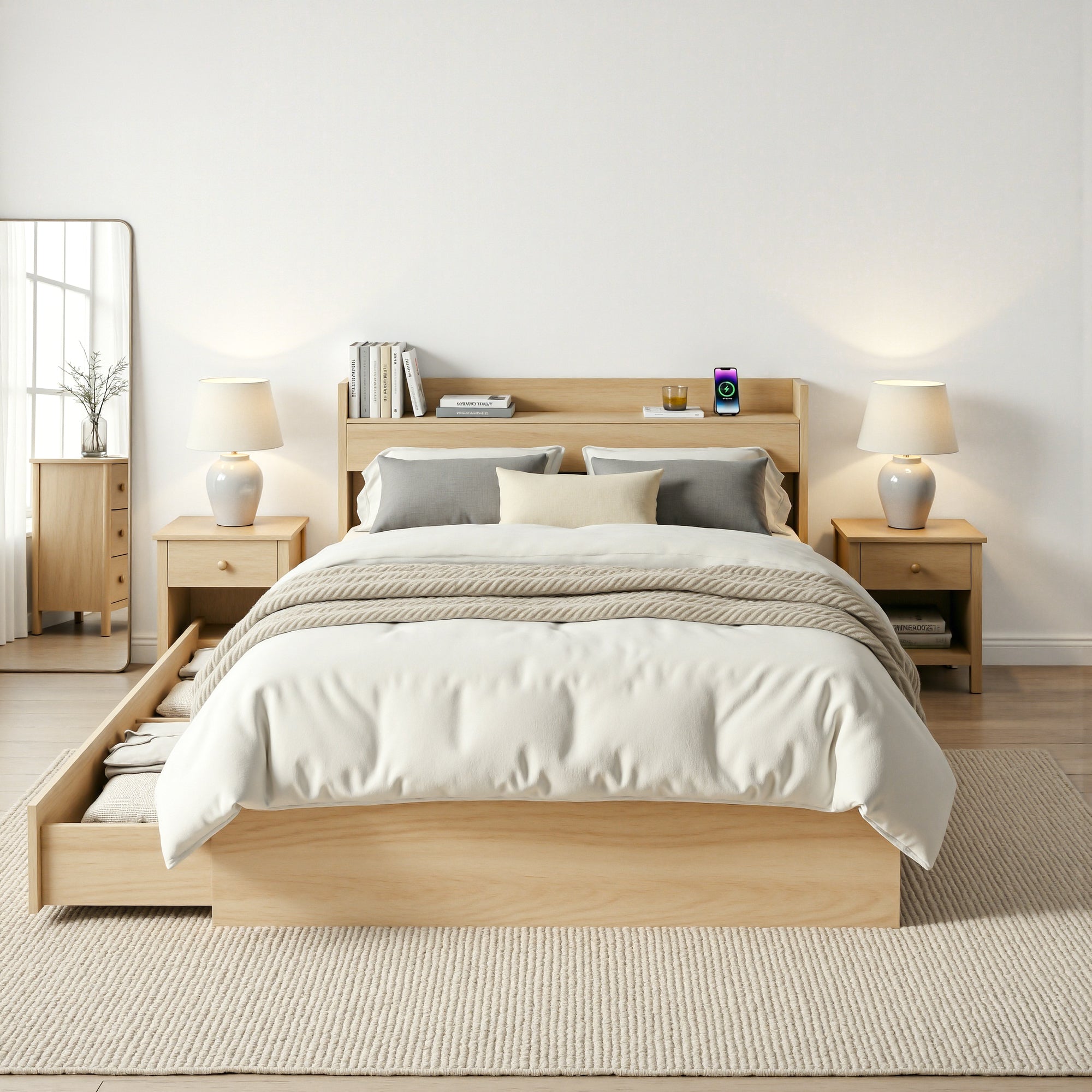 Artiss Single Bed Frame with 2 Storage Drawers Platform Bed Base with USB Ports Sturdy Wooden Slat Support WBED-F-AURA-S-WD-AB