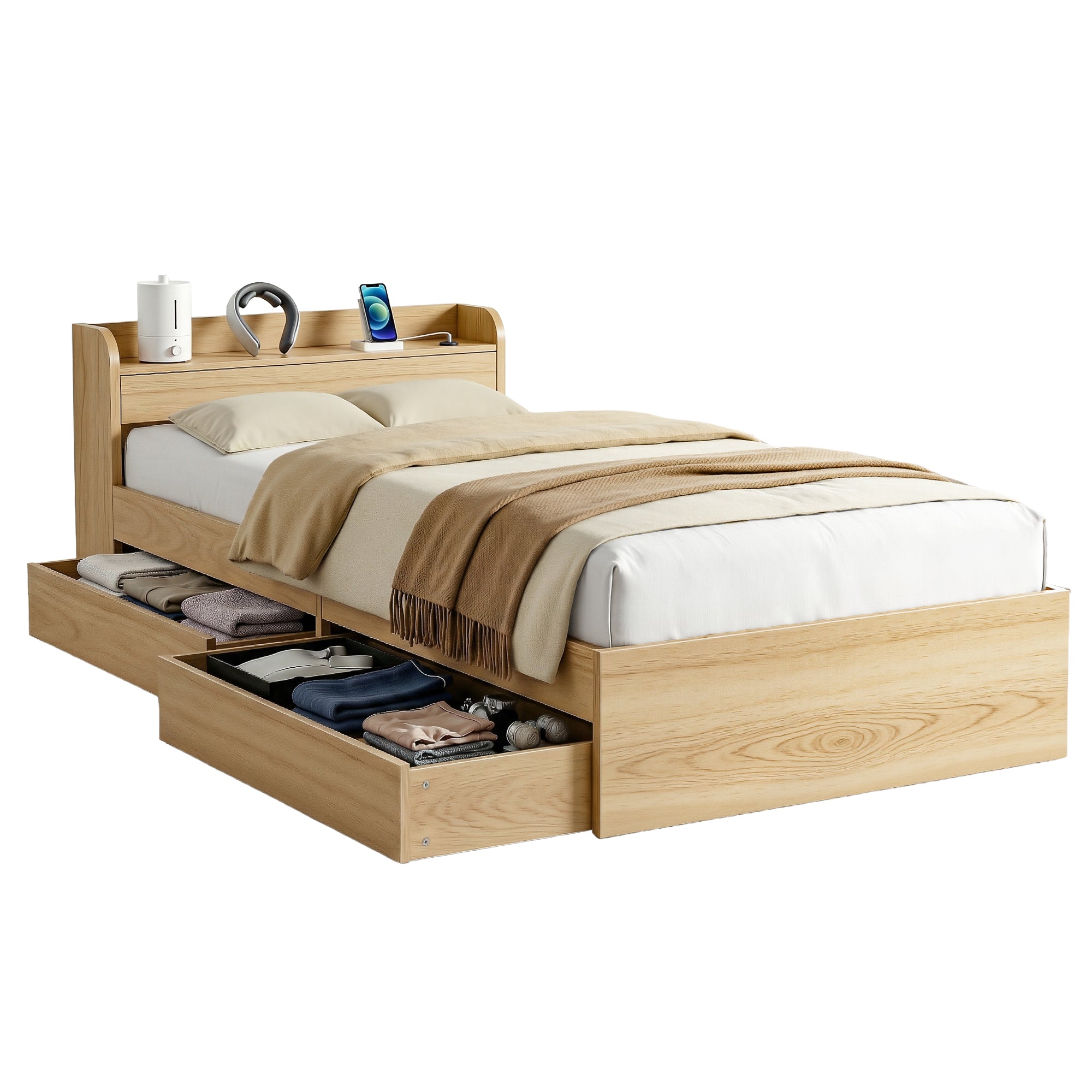 Artiss Single Bed Frame with 2 Storage Drawers Platform Bed Base with USB Ports Sturdy Wooden Slat Support WBED-F-AURA-S-WD-AB