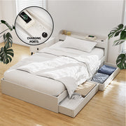 Artiss AURA White Single Bed Frame with Charging Ports and Drawers