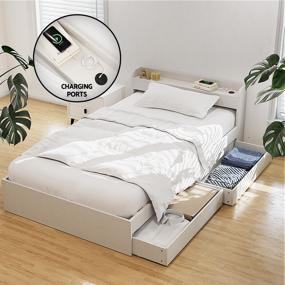 Artiss AURA White Single Bed Frame with Charging Ports and Drawers
