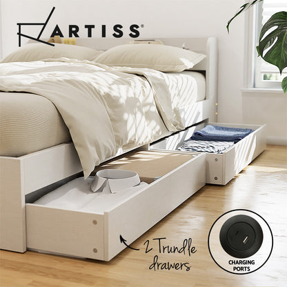 Artiss Bed Frame Single Size with Charging Ports and 2 Drawers AURA WBED-F-AURA-S-WH-AB