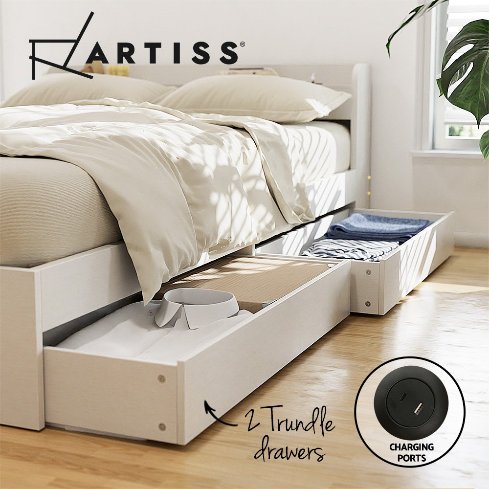 Artiss AURA White Single Bed Frame with Charging Ports and Drawers