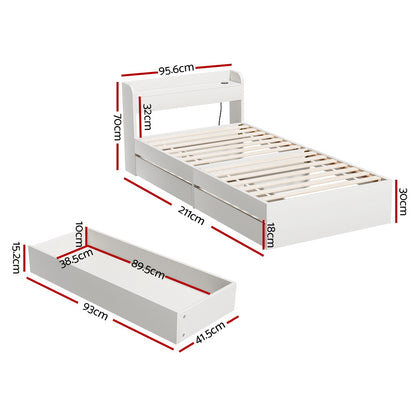 Artiss Bed Frame Single Size with Charging Ports and 2 Drawers AURA WBED-F-AURA-S-WH-AB