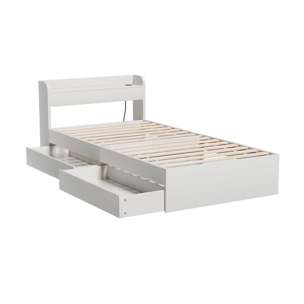 Artiss AURA White Single Bed Frame with Charging Ports and Drawers