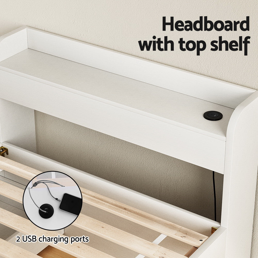 Artiss AURA White Single Bed Frame with Charging Ports and Drawers