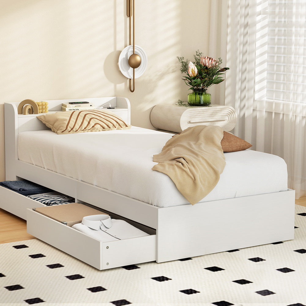 Artiss AURA White Single Bed Frame with Charging Ports and Drawers