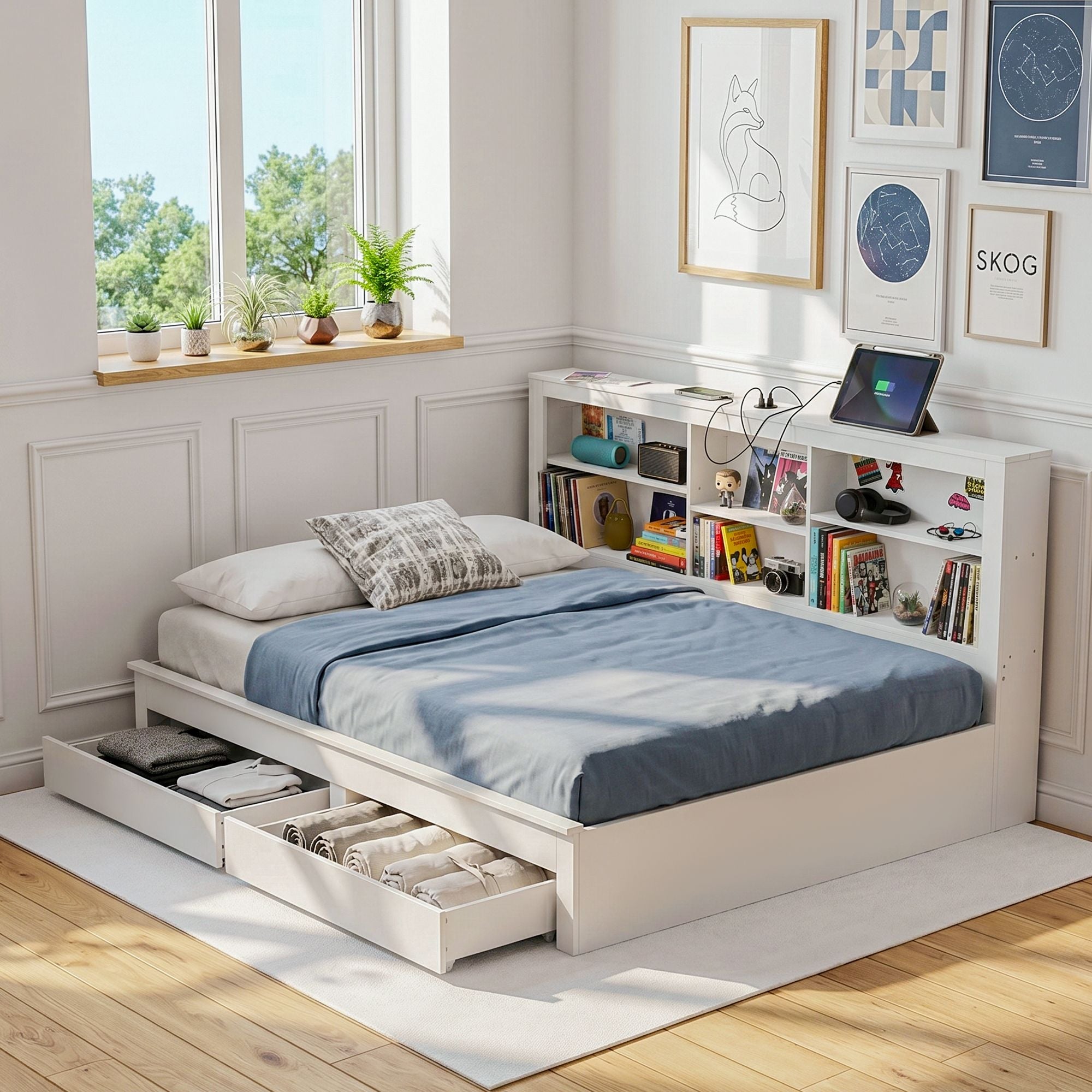 Artiss Noise-Free White Farmhouse Solid Wood Double Platform Bed Frame with Storage Headboard, Charging WBED-F-BSHELF-D-WH-ABC