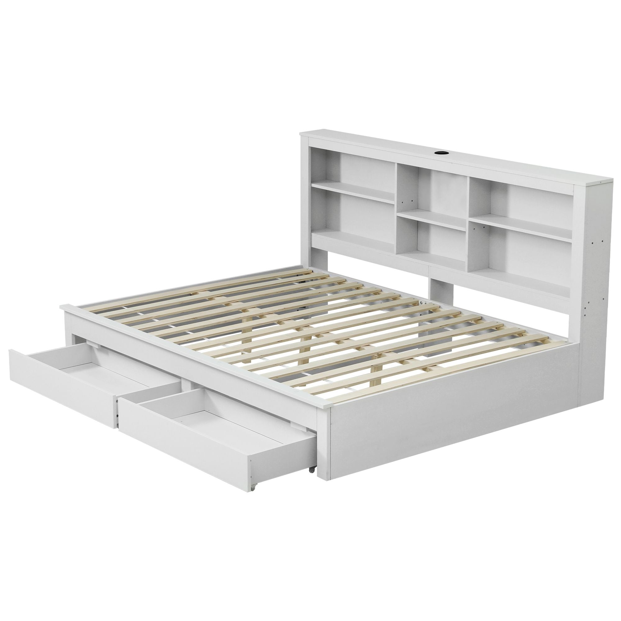 Artiss Noise-Free White Farmhouse Solid Wood Double Platform Bed Frame with Storage Headboard, Charging WBED-F-BSHELF-D-WH-ABC