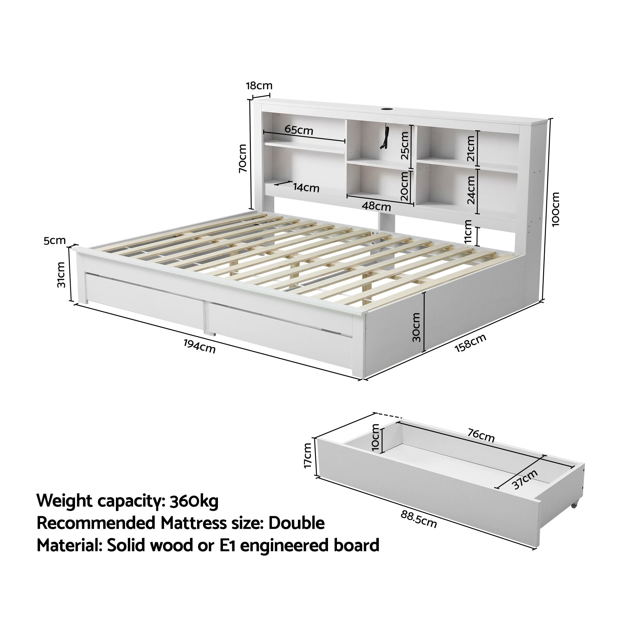 Artiss Noise-Free White Farmhouse Solid Wood Double Platform Bed Frame with Storage Headboard, Charging WBED-F-BSHELF-D-WH-ABC