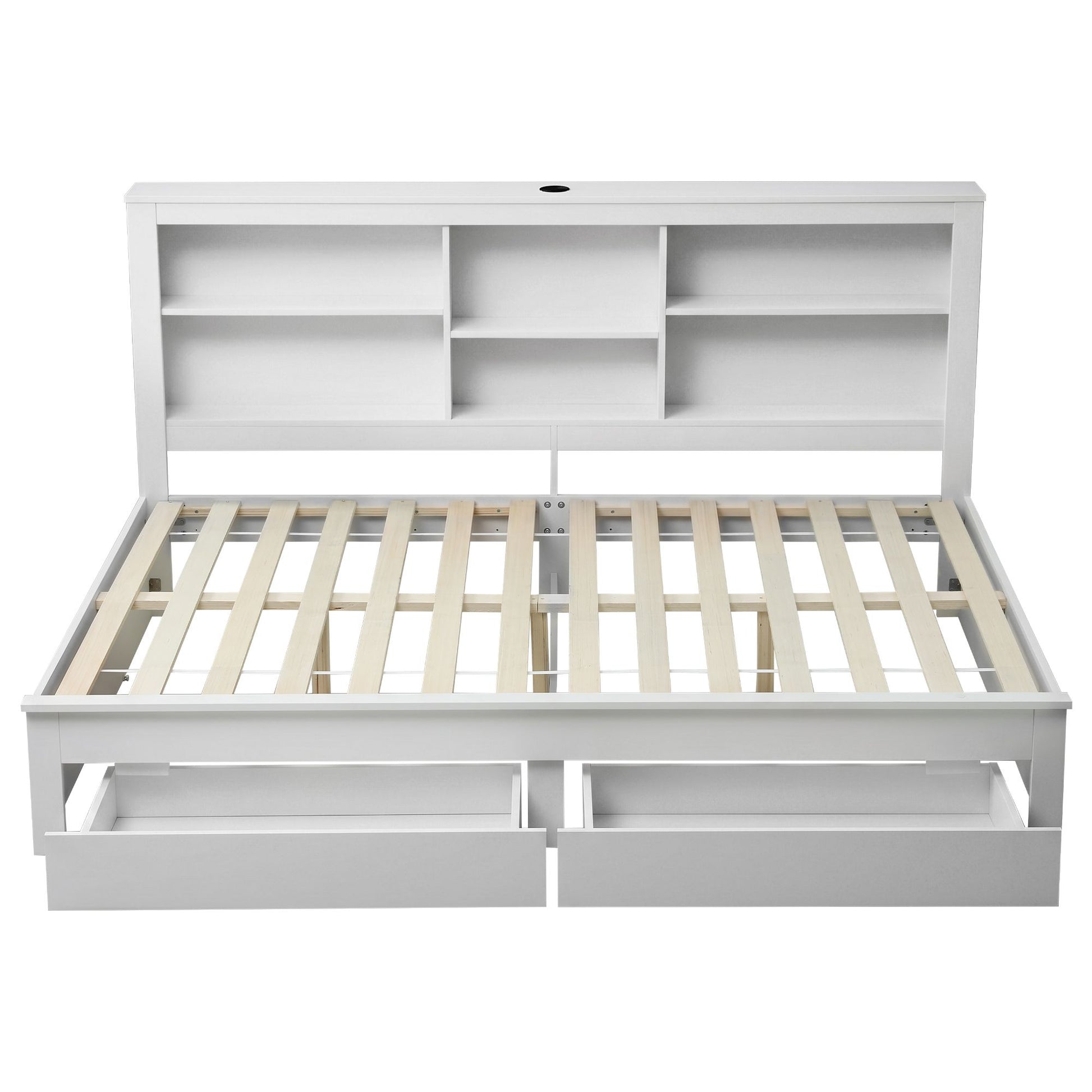 Artiss Noise-Free White Farmhouse Solid Wood Double Platform Bed Frame with Storage Headboard, Charging WBED-F-BSHELF-D-WH-ABC