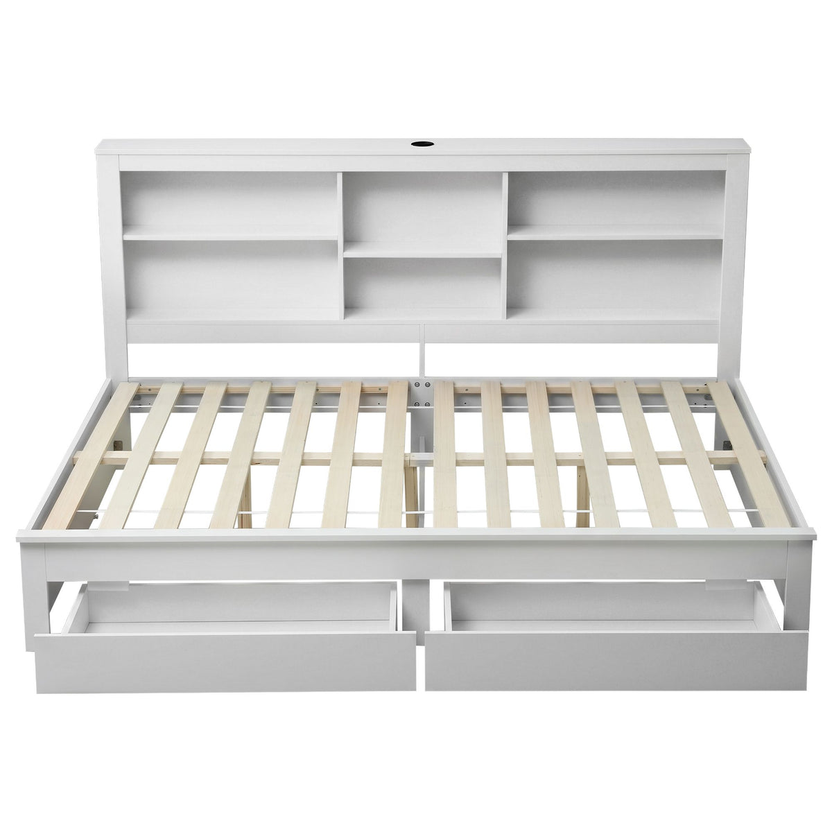 Artiss Noise-Free White Farmhouse Solid Wood Double Platform Bed Frame with Storage Headboard, Charging WBED-F-BSHELF-D-WH-ABC