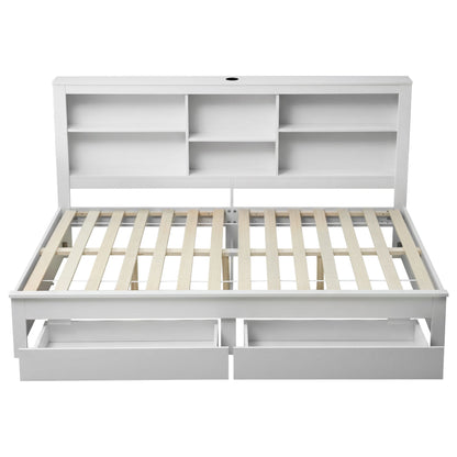 Artiss Noise-Free White Farmhouse Solid Wood Double Platform Bed Frame with Storage Headboard, Charging WBED-F-BSHELF-D-WH-ABC
