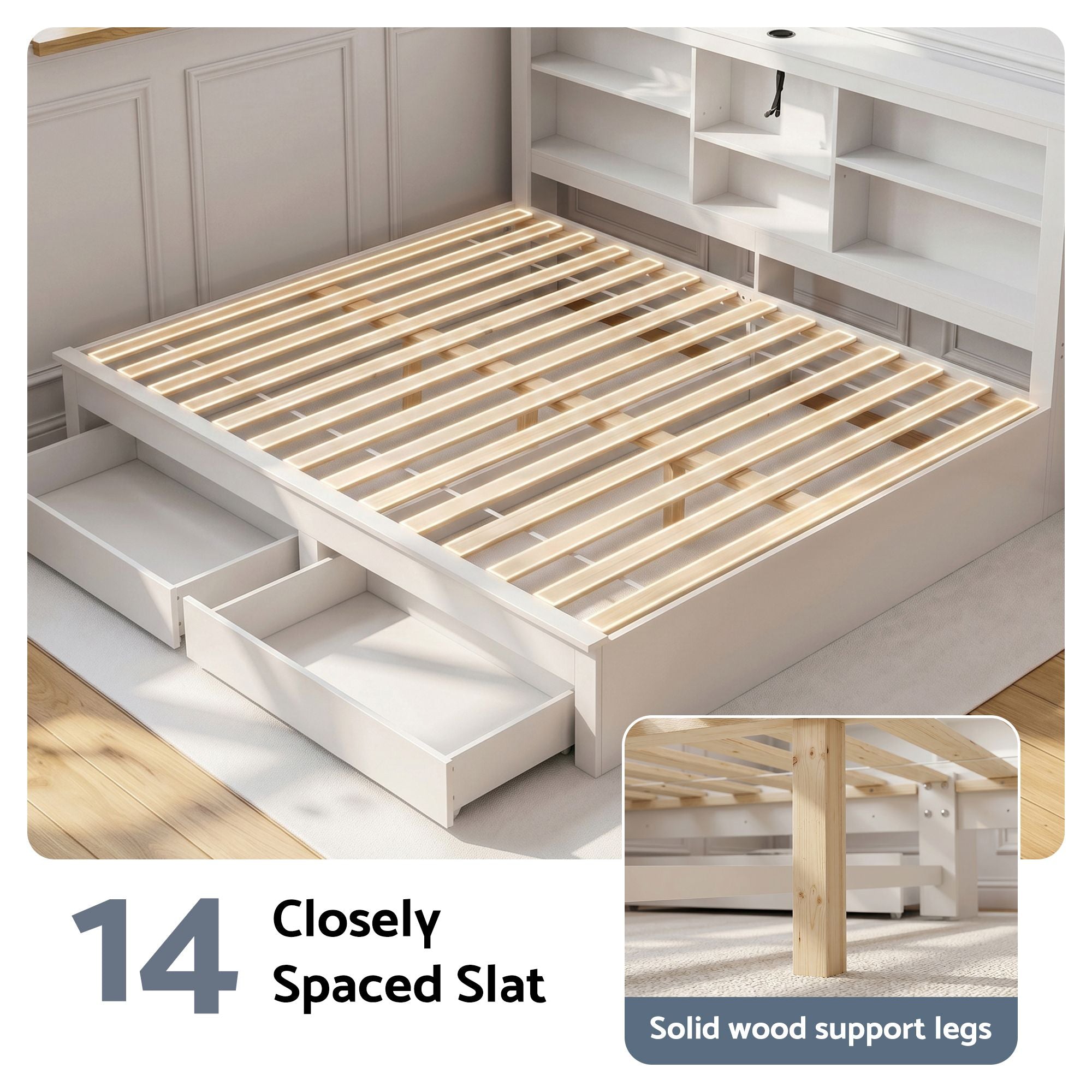 Artiss Noise-Free White Farmhouse Solid Wood Double Platform Bed Frame with Storage Headboard, Charging WBED-F-BSHELF-D-WH-ABC