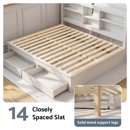 Artiss Noise-Free White Farmhouse Solid Wood Double Platform Bed Frame with Storage Headboard, Charging WBED-F-BSHELF-D-WH-ABC
