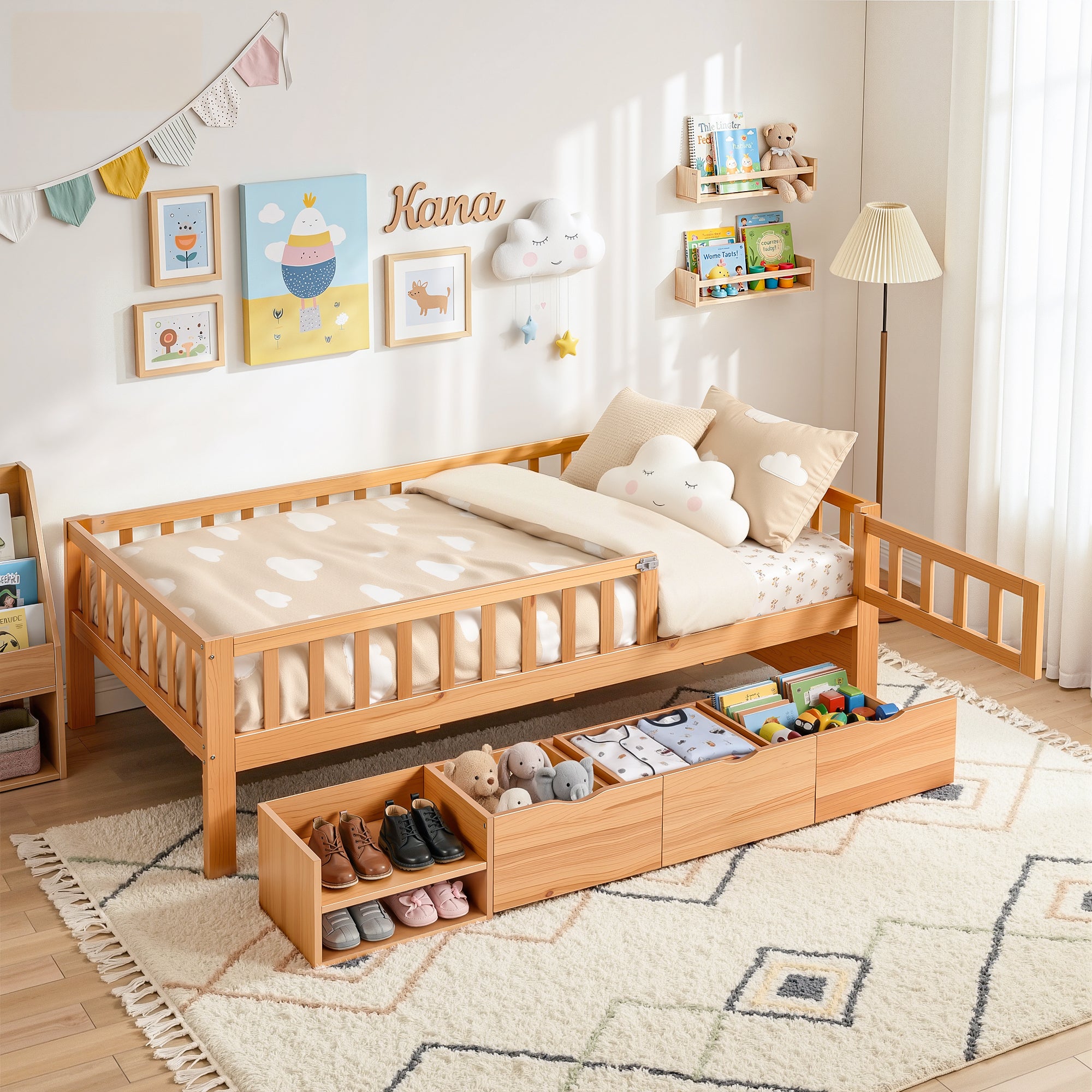 Artiss Kids Single Bed Frame with 3 Storage Drawer Montessori Bed for Toddler Natural WBED-F-CUBIO-S-WD-AB
