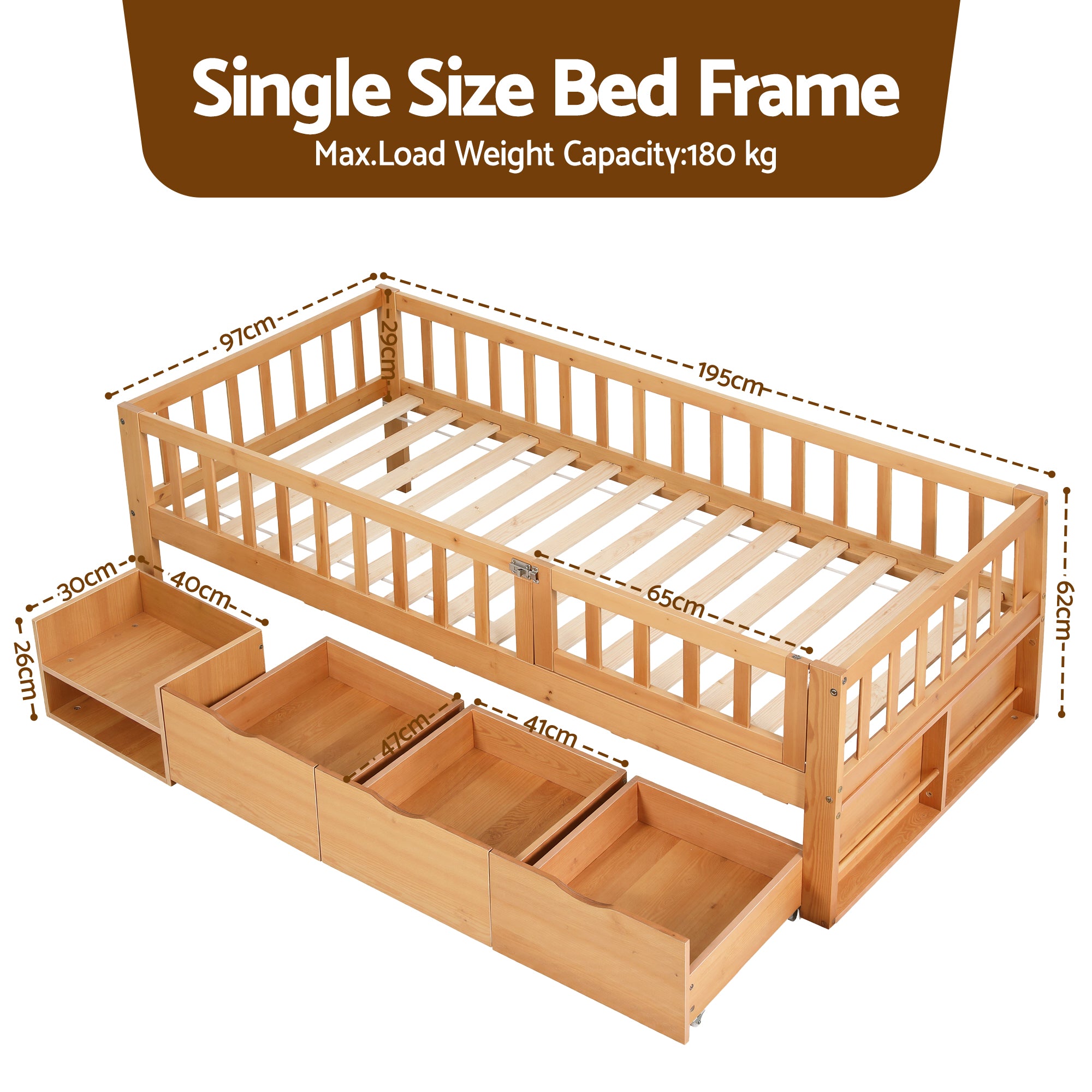 Artiss Kids Single Bed Frame with 3 Storage Drawer Montessori Bed for Toddler Natural WBED-F-CUBIO-S-WD-AB