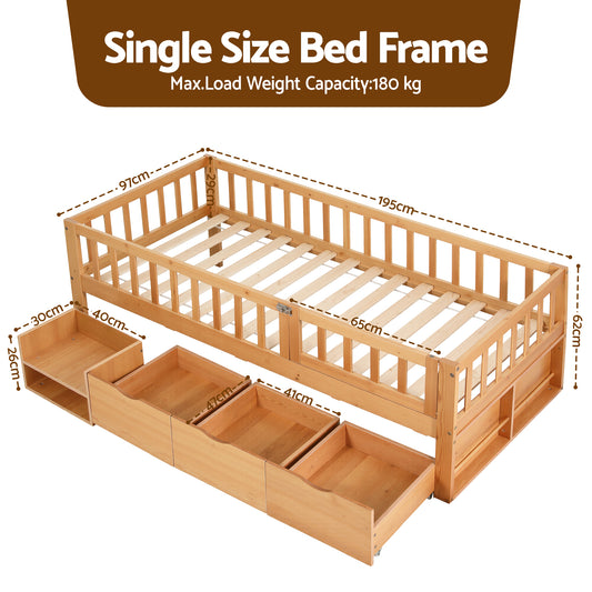 Artiss Kids Single Bed Frame with 3 Storage Drawer Montessori Bed for Toddler Natural WBED-F-CUBIO-S-WD-AB
