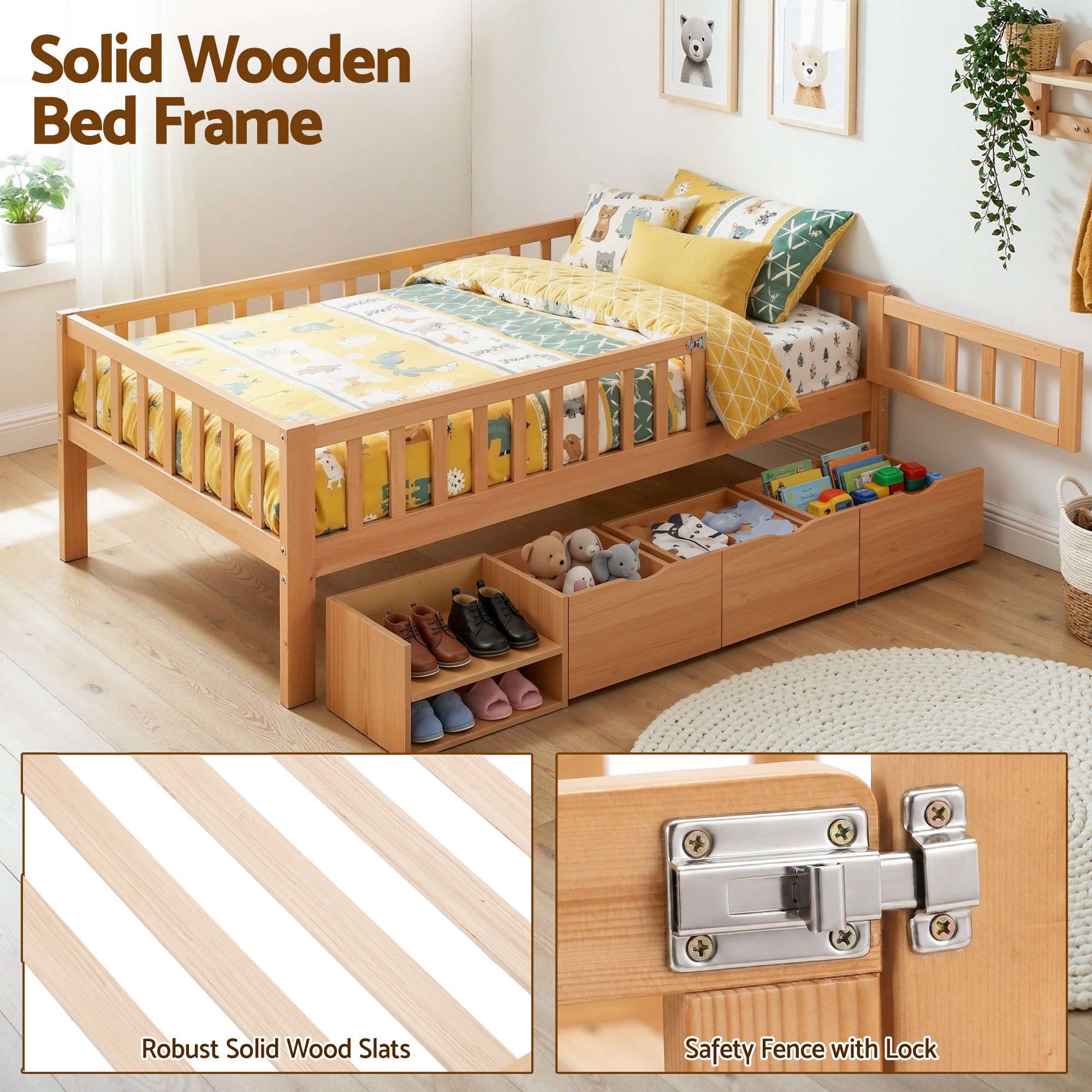 Artiss Kids Single Bed Frame with 3 Storage Drawer Montessori Bed for Toddler Natural WBED-F-CUBIO-S-WD-AB