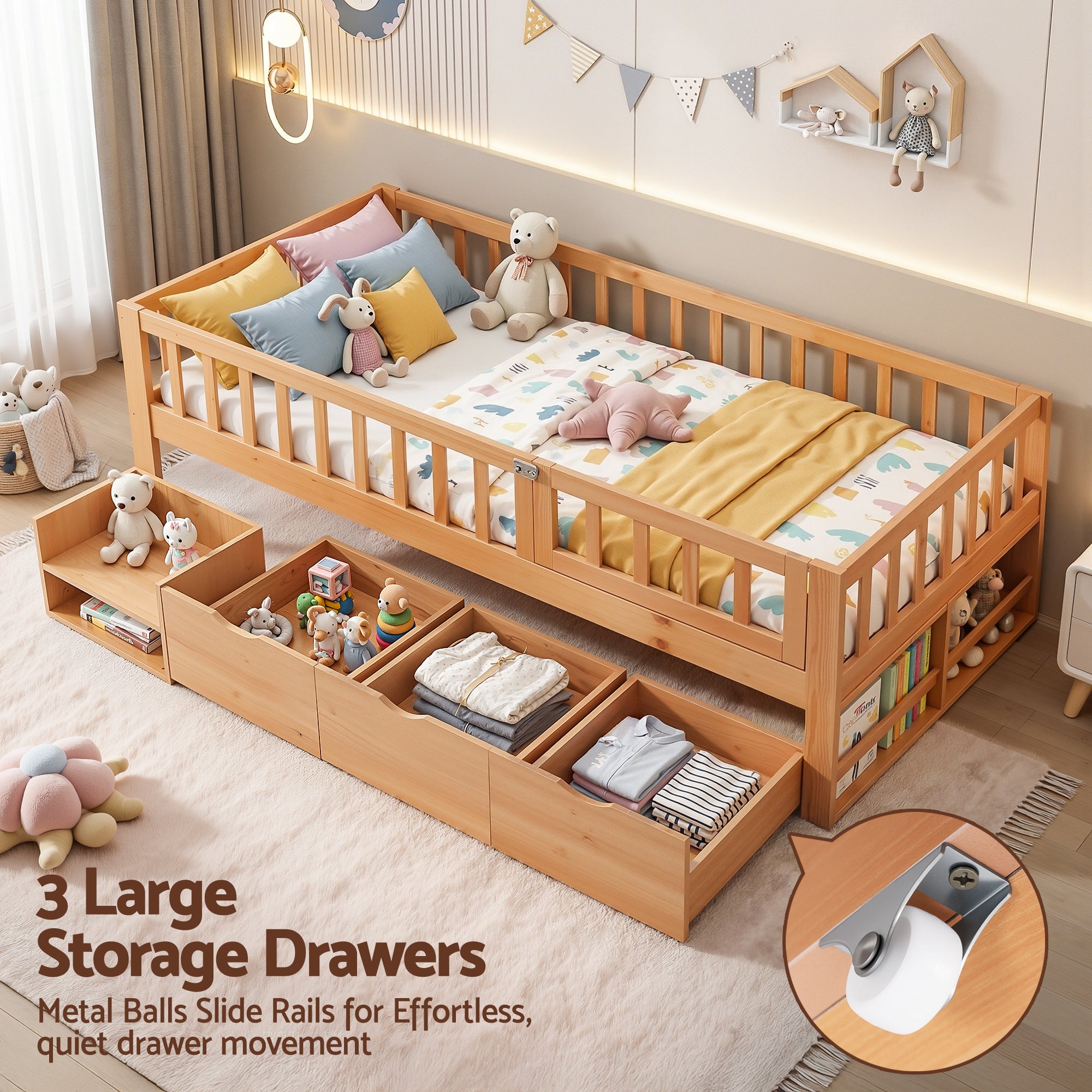 Artiss Kids Single Bed Frame with 3 Storage Drawer Montessori Bed for Toddler Natural WBED-F-CUBIO-S-WD-AB