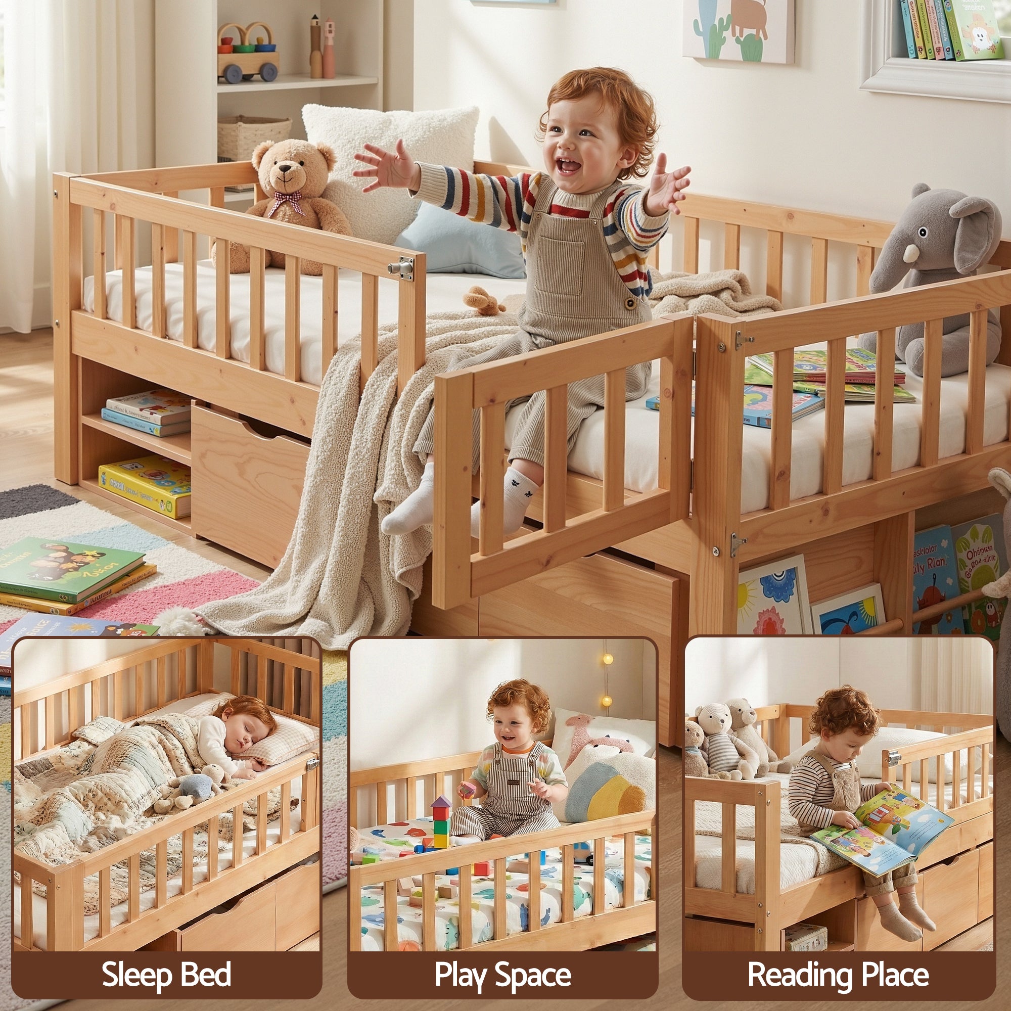 Artiss Kids Single Bed Frame with 3 Storage Drawer Montessori Bed for Toddler Natural WBED-F-CUBIO-S-WD-AB