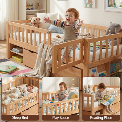 Artiss Kids Single Bed Frame with 3 Storage Drawer Montessori Bed for Toddler Natural WBED-F-CUBIO-S-WD-AB