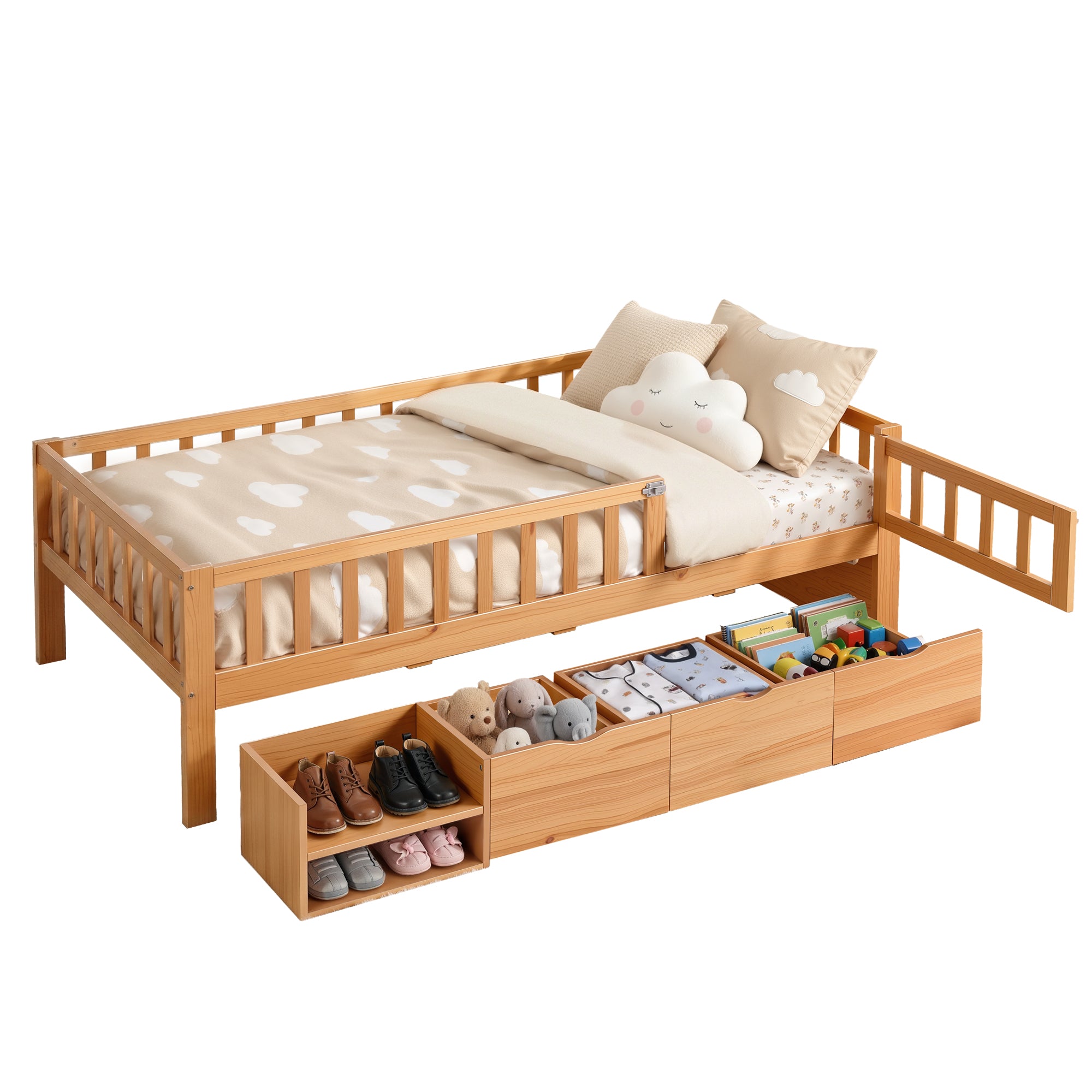 Artiss Kids Single Bed Frame with 3 Storage Drawer Montessori Bed for Toddler Natural WBED-F-CUBIO-S-WD-AB