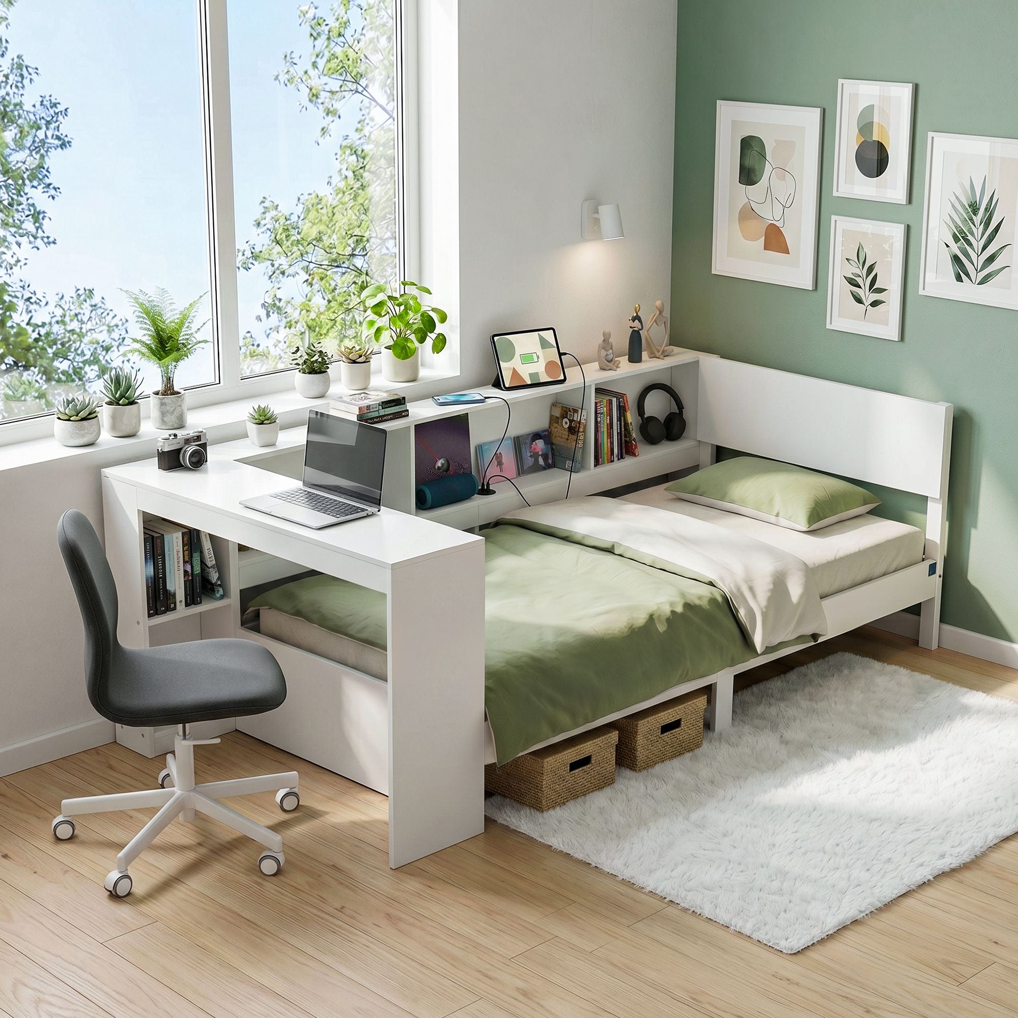 Artiss White Single Solid Wood Corner Platform Bed Frame with Built-in Desk, Storage Shelves and USB-C WBED-F-DESK-S-WH-AB
