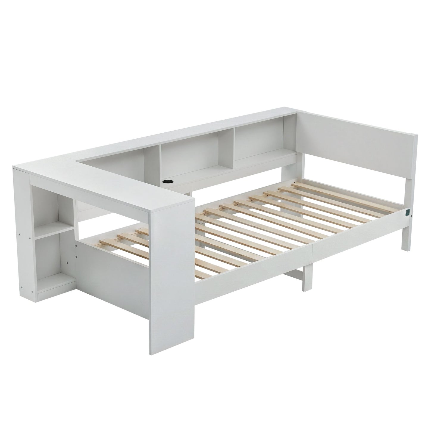 Artiss White Single Solid Wood Corner Platform Bed Frame with Built-in Desk, Storage Shelves and USB-C WBED-F-DESK-S-WH-AB