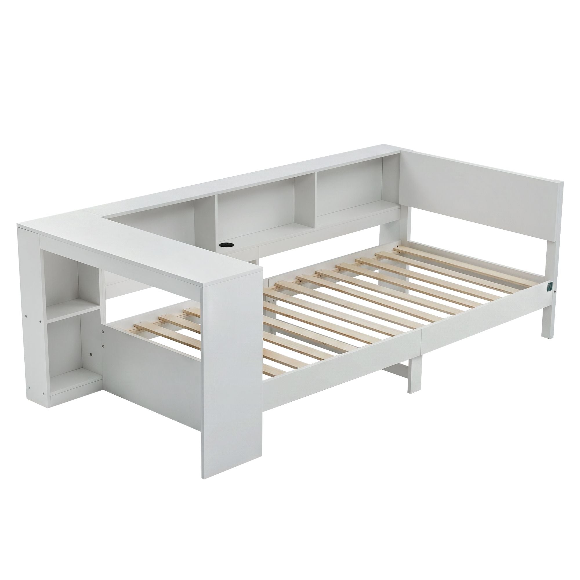 Artiss White Single Solid Wood Corner Platform Bed Frame with Built-in Desk, Storage Shelves and USB-C WBED-F-DESK-S-WH-AB