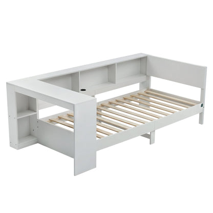Artiss White Single Solid Wood Corner Platform Bed Frame with Built-in Desk, Storage Shelves and USB-C WBED-F-DESK-S-WH-AB
