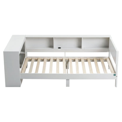 Artiss White Single Solid Wood Corner Platform Bed Frame with Built-in Desk, Storage Shelves and USB-C WBED-F-DESK-S-WH-AB