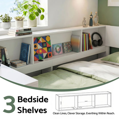 Artiss White Single Solid Wood Corner Platform Bed Frame with Built-in Desk, Storage Shelves and USB-C WBED-F-DESK-S-WH-AB