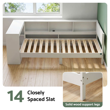 Artiss White Single Solid Wood Corner Platform Bed Frame with Built-in Desk, Storage Shelves and USB-C WBED-F-DESK-S-WH-AB