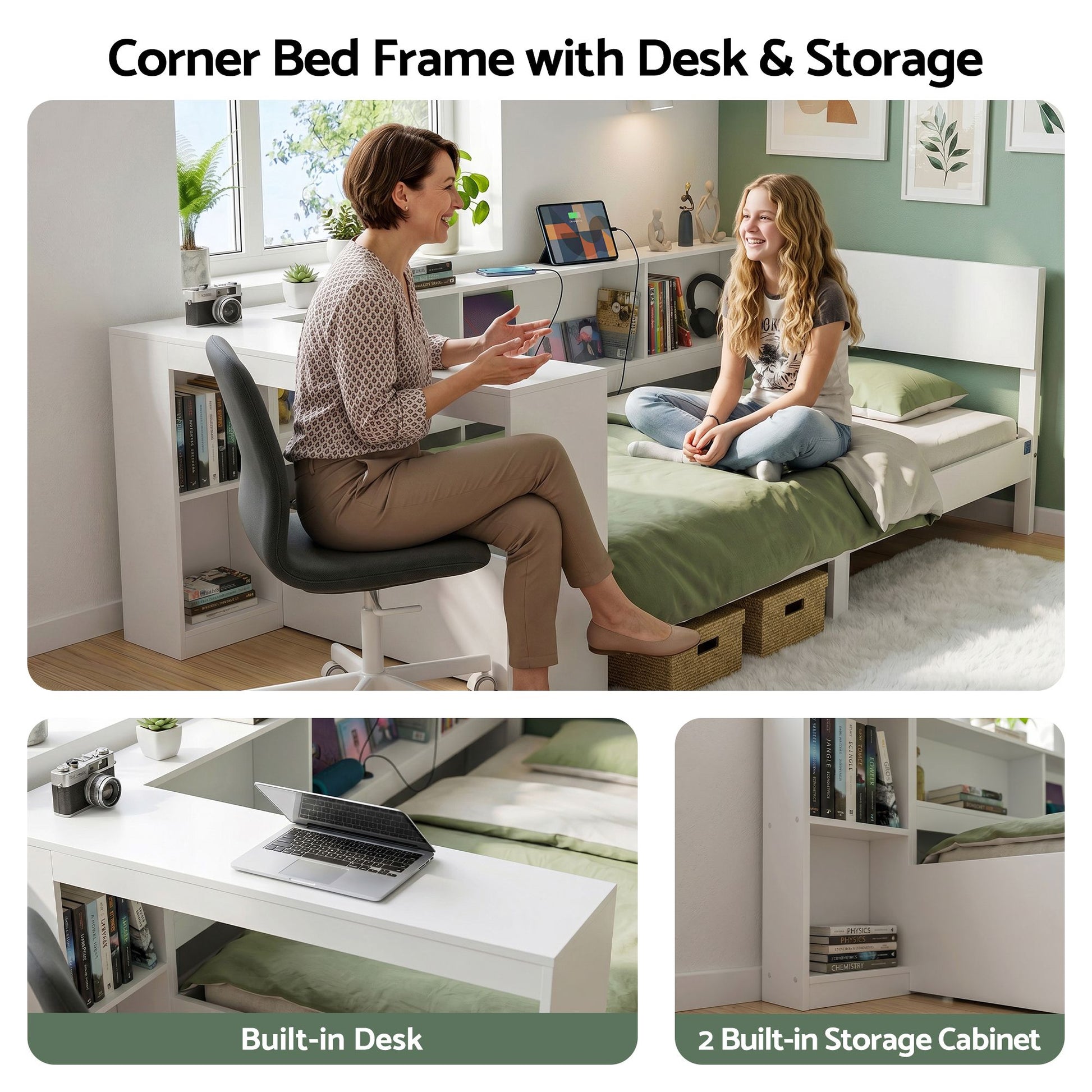Artiss White Single Solid Wood Corner Platform Bed Frame with Built-in Desk, Storage Shelves and USB-C WBED-F-DESK-S-WH-AB