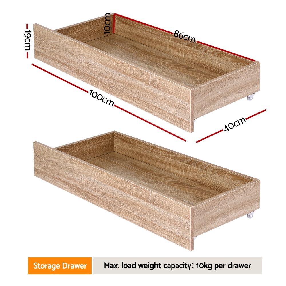 Artiss 2pcs Under Bed Storage with Wheels Rolling Wooden Drawers King Single & Queen WBED-F-DRAW-OAT-KSQ-WD-X2