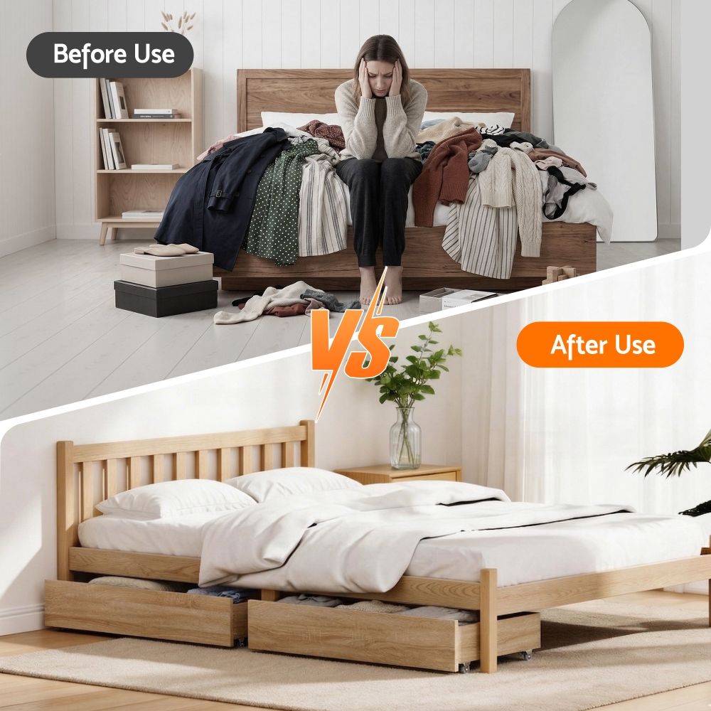 Artiss 2pcs Under Bed Storage with Wheels Rolling Wooden Drawers King Single & Queen WBED-F-DRAW-OAT-KSQ-WD-X2