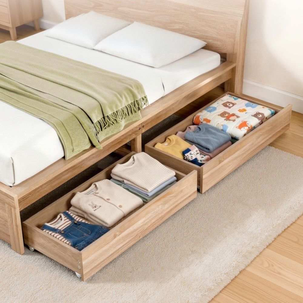 Artiss 2pcs Under Bed Storage with Wheels Rolling Wooden Drawers Single & Double WBED-F-DRAW-OAT-SD-WD-X2