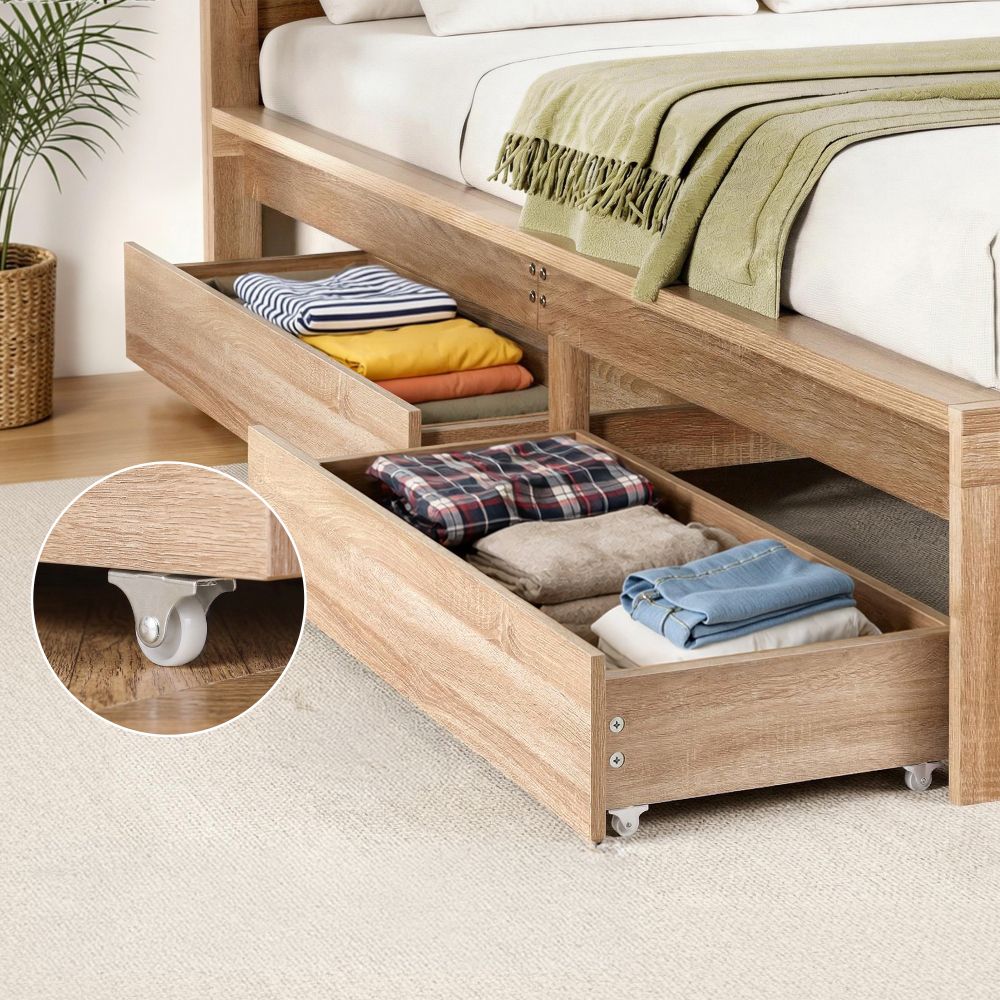 Artiss 2pcs Under Bed Storage with Wheels Rolling Wooden Drawers Single & Double WBED-F-DRAW-OAT-SD-WD-X2