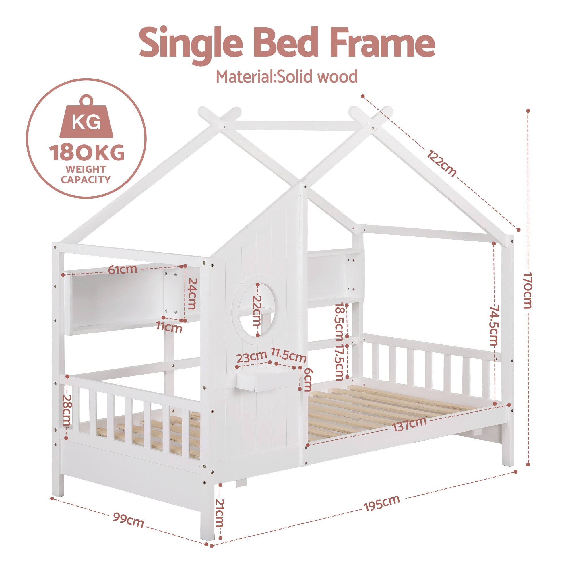 Artiss Kids Single Bed Frame House Bed Solid Wood Montessori Bed for Toddler White WBED-F-DREGO-S-WH-AB