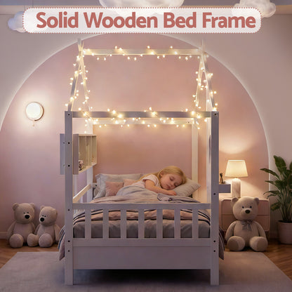 Artiss Kids Single Bed Frame House Bed Solid Wood Montessori Bed for Toddler White WBED-F-DREGO-S-WH-AB