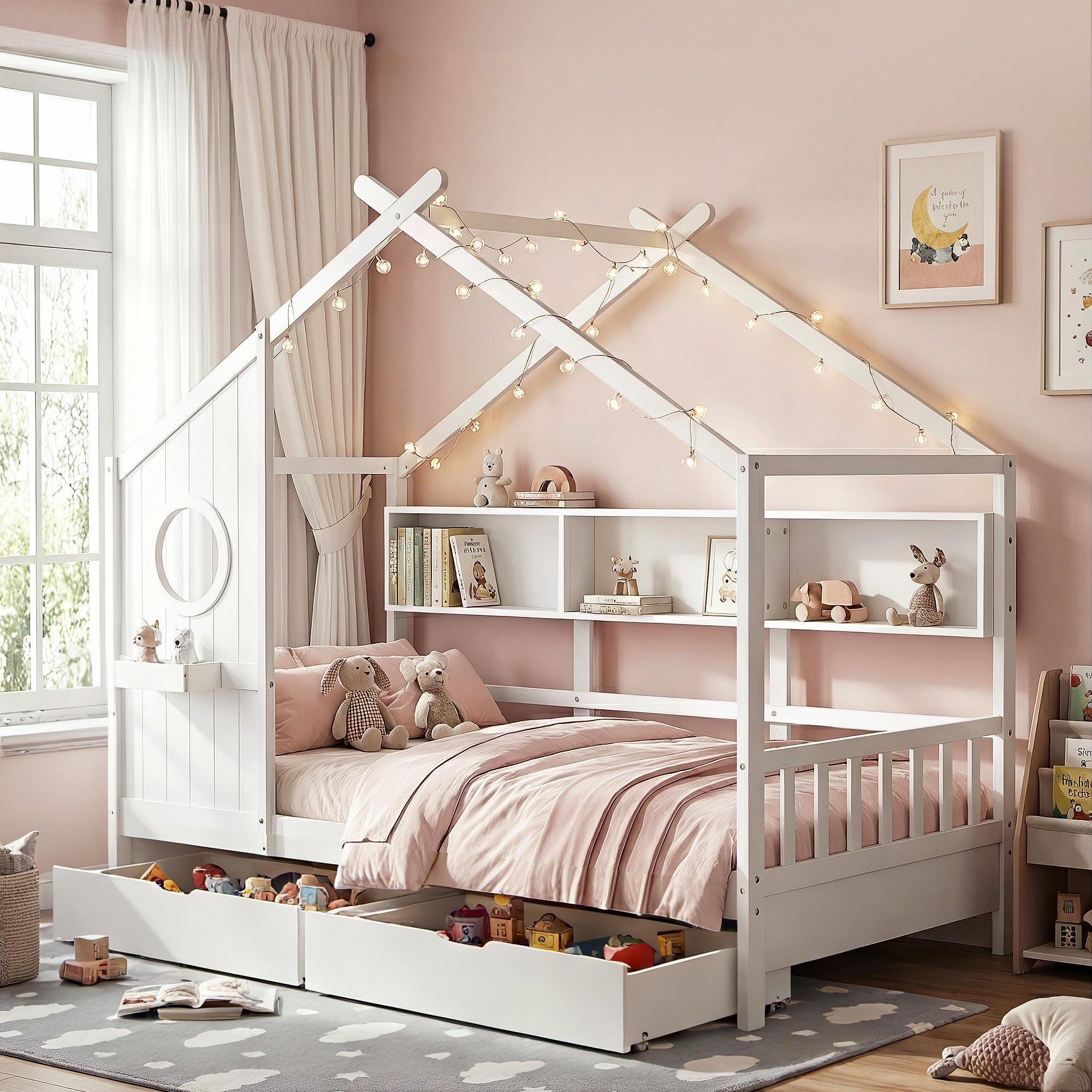 Artiss Kids Single Bed Frame with 3 Storage Bookcase & 2 Drawers House Bed Solid Wood Montessori Bed Easy WBED-F-DREGO-S-WH-DRAW