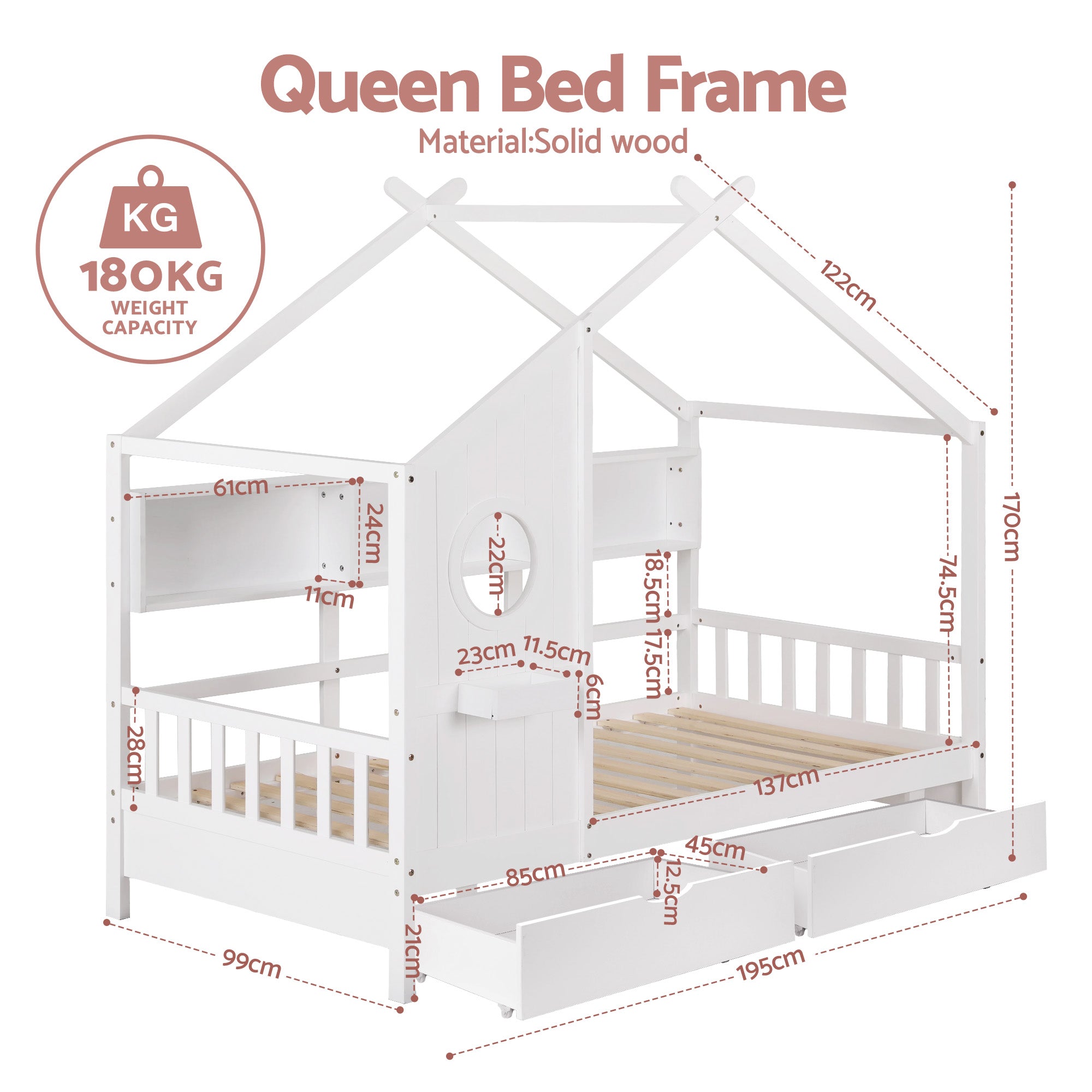 Artiss Kids Single Bed Frame with 3 Storage Bookcase & 2 Drawers House Bed Solid Wood Montessori Bed Easy WBED-F-DREGO-S-WH-DRAW