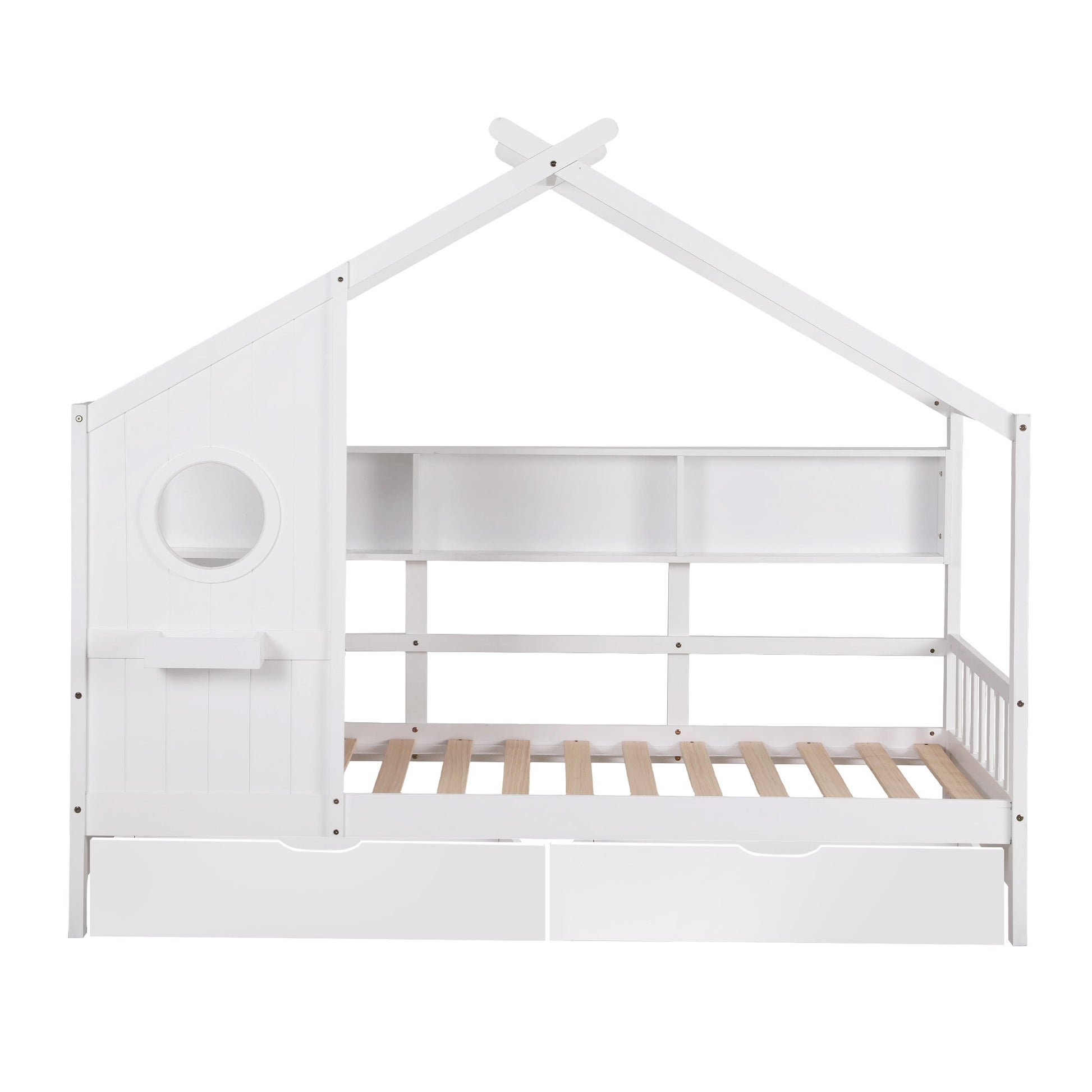Artiss Kids Single Bed Frame with 3 Storage Bookcase & 2 Drawers House Bed Solid Wood Montessori Bed Easy WBED-F-DREGO-S-WH-DRAW