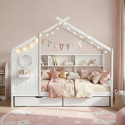 Artiss Kids Single Bed Frame with 3 Storage Bookcase & 2 Drawers House Bed Solid Wood Montessori Bed Easy WBED-F-DREGO-S-WH-DRAW