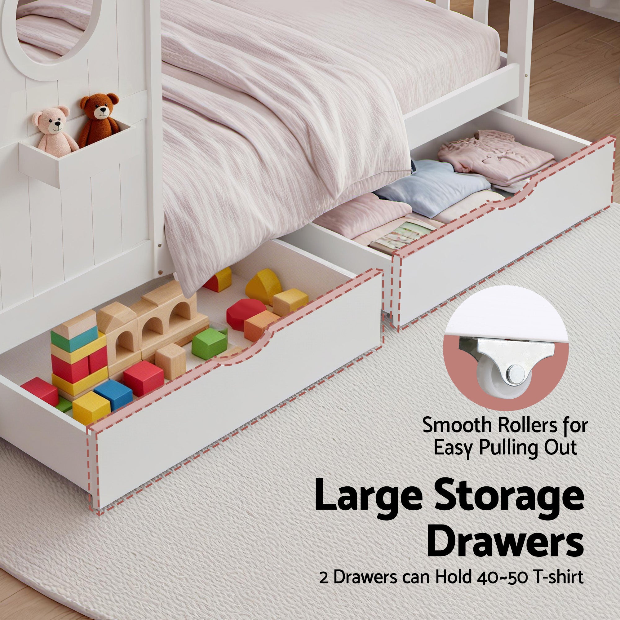 Artiss Kids Single Bed Frame with 3 Storage Bookcase & 2 Drawers House Bed Solid Wood Montessori Bed Easy WBED-F-DREGO-S-WH-DRAW